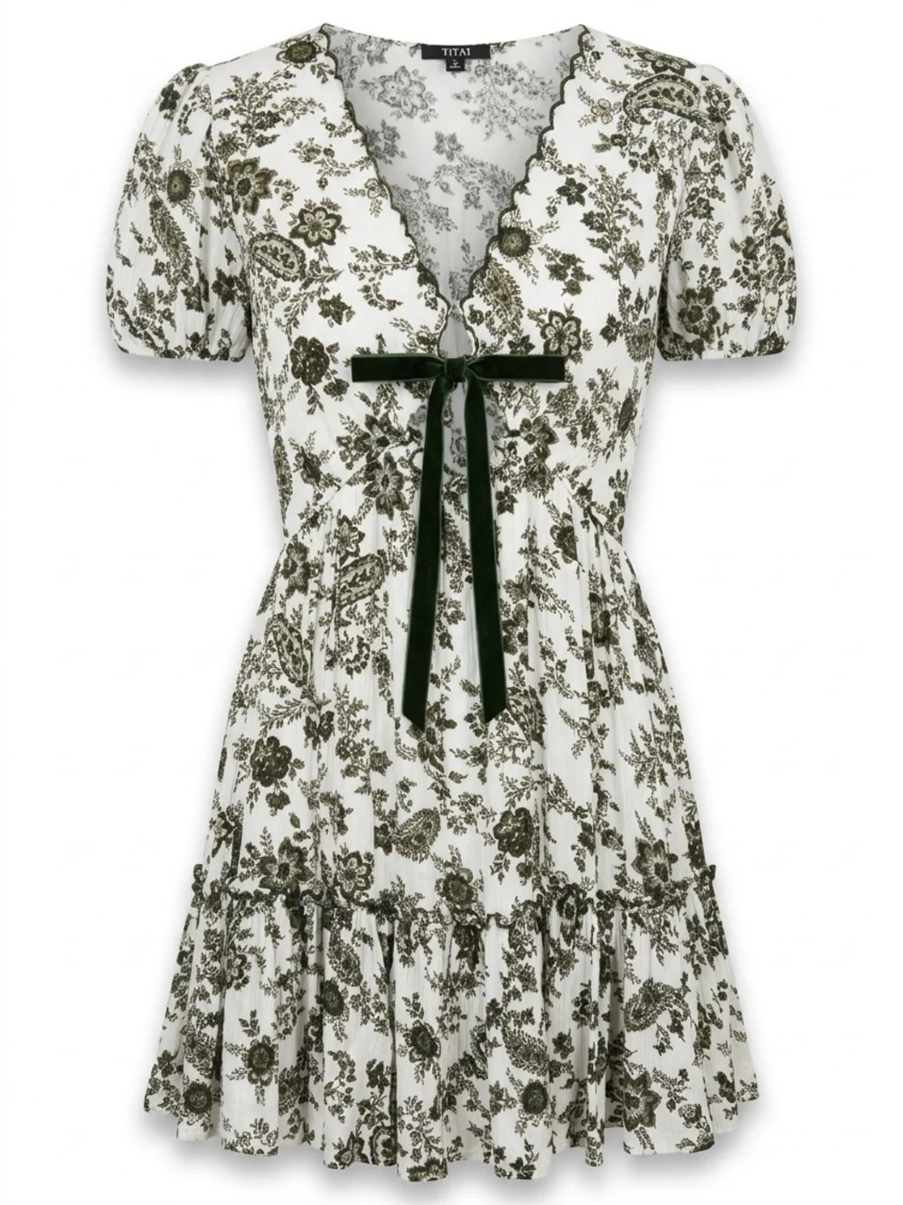 Trixxi White Dress with Olive Floral Print and Velvet Tie |Cottagecore - Picture 1 of 10